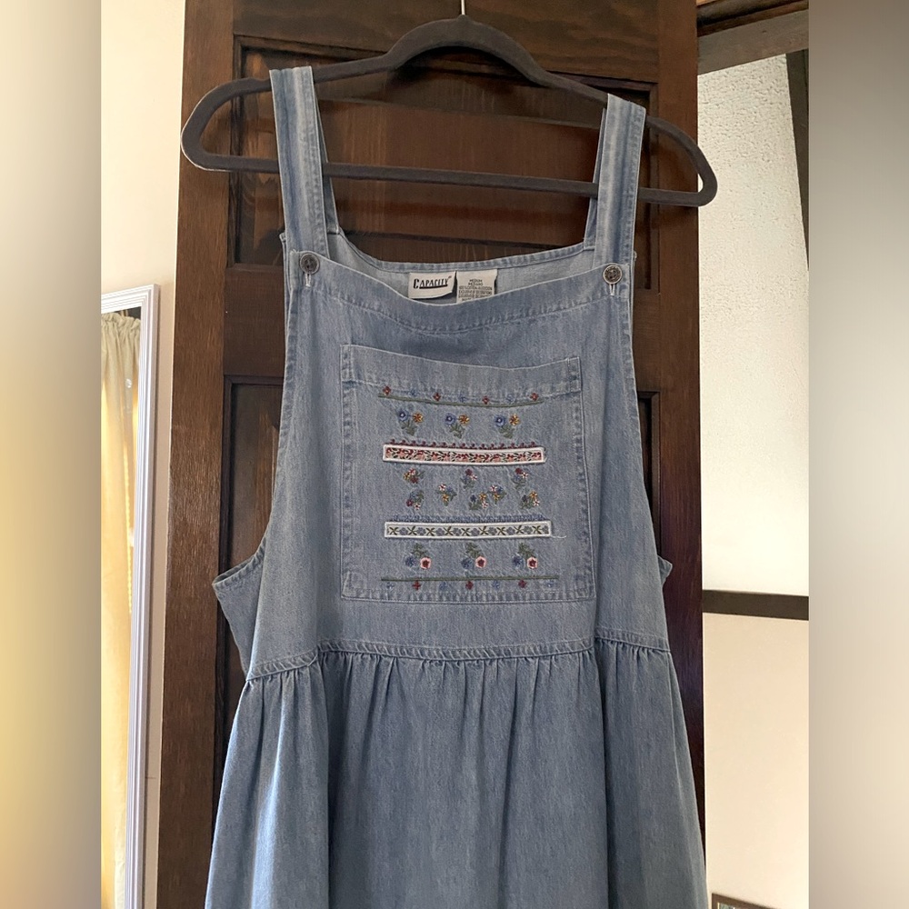 Vintage Capacity Embroidered Overall Jean Dress Maxi
